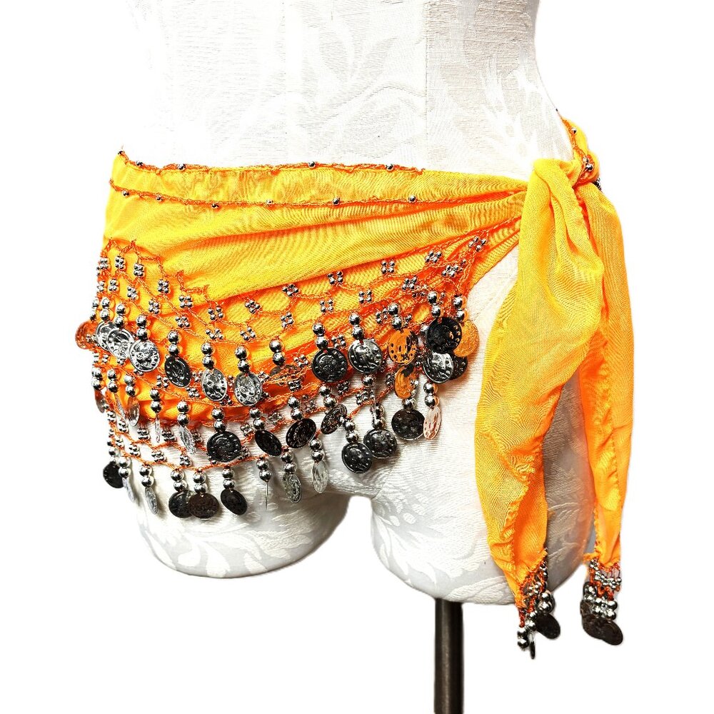 Orange Sherbert Belly Dance Hip Scarf with Three rows ofSilver Coins